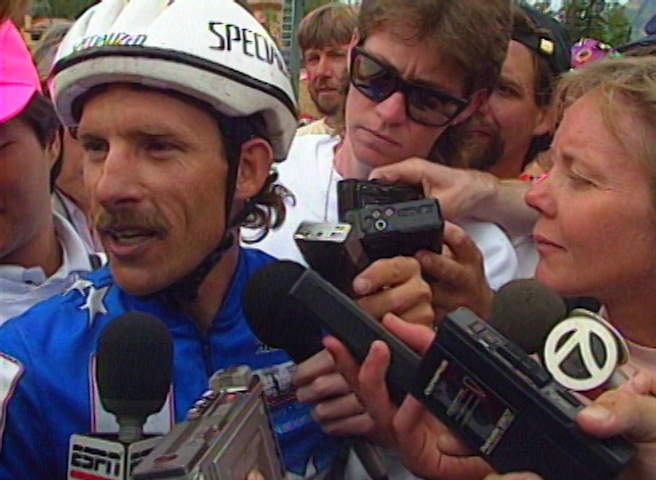 Mountain biking cross country champion Ned Overend talks to the press